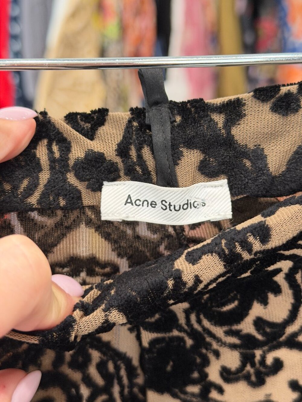 $202 Acne Studios Black Velour Embroidered Beige Mesh Side Leg Pants size XS - Picture 5 of 6